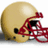 Pixelated image of a gold football helmet with red face mask on white background, next to red with yellow text