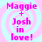 Four identical pixelated text on a light blue background with pink spiral patterns, each displaying "Maggie + Josh in love!" in bright pink letters