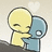 Two pixelated figures embrace; one yellow with closed eyes, the other blue with a circular eye, against a light background with a faint heart shape.