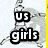 Animated icon shows a grayscale cartoon character with text changing across frames from 'US girls FAST!' to 'we go..'