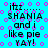 Pixelated text on cyan background with pink circular patterns, displaying 'itzz... SHANIA and i like pie YAY!' in two identical vertical sections.
