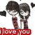 Two pixelated anime-style figures stand side-by-side with arms raised, a red banner below reads 'I love you' in white text.