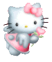Hello Kitty character with pink bow, holding rose and pink object; four variations show subtle pose changes.