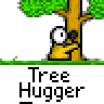 Pixel art contact sheet showing two frames of a tree-hugging character animation with text below each frame.
