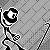 Pixelated black-and-white figure holding a curved object against a gray checkered background with diagonal lines.