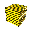 Yellow and black striped 3D shapes in various forms including cubes, spheres, and abstract warped structures on a gray background.