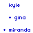 Blue pixelated text on white background reads 'kyle + gina = + miranda bffs' with a gray rectangle on the right edge.