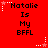 Red background with repeated text "Natalie Is My BFFL" and star-shaped decorations in white, pink, and light gray.