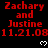 Red text on black background displays 'Zachary and Justine 11.21.08' with white pixel hearts, repeated in a pattern