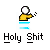Pixelated character in yellow shirt and brown pants sits on blue-and-white toilet, holding white object with black dots as text "Holy Shit" appears below.