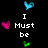 Pixelated icon with blue, pink, and green heart symbols surrounding white text reading "I Must be in Love <333" on black background.
