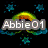 Animated icon with dark background, blue stars, green-yellow arc, and gray text 'Abbie01' over a pixelated figure.