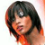 Pixelated close-up of a person with dark hair and an orange garment against a light background.