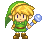 Pixel art character with green tunic and hat holding blue staff, two poses side-by-side on gray background.