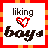 Animated icon with red and orange border showing text 'liking boys is overrated' and heart symbols changing from red to black.