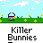 Animated contact sheet of 25 pixel art frames showing a green cartoon character with white head and red mouth interacting with small white rabbits on grassy backgrounds, each frame labeled "Killer Bunnies" in gray bars below.
