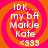 Four identical circular icons with orange and pink spiral backgrounds display white text reading "IDK... my bff Markie Kate <333" in a pixelated font.