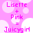 Pixelated pink text on a pink background with white circles, displaying 'Lisette + Pink = Juicygirl' in four identical