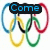 Four Olympic rings configurations with blue, yellow, black, green, and red rings; top-left configuration has a blue 'Come' text overlay on black background.
