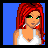 A 4-frame pixel art contact sheet showing a female character with red hair, green eyes, and white tank top across different poses and details including full face, hand holding bag, skirt, and text "I love u" with stars.