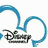 Blue Mickey Mouse ears outline with black 'Disney' text on white background; right side shows group of people in front of green backdrop holding large sign.