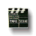 A black clapperboard icon with white text and a shadow, showing "STUDIO", "CHIEF CAMERAMAN", "TAKE", and "SCENE" fields in two different orientations.