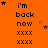 Orange background with repeated text 'i'm back now xxxx' and scattered star symbols in black and brown.