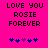 Pixelated text on bright pink background with blue and purple heart symbols below.