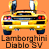 A static contact sheet of two identical yellow Lamborghini Diablo SV rear views on an orange background with text labels, alongside a gray and white section containing "Coolbuddy.com".