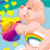 A Care Bears animated contact sheet showing a pink bear with rainbow chest emblem holding colorful objects against blue background with yellow stars, next to "Care Bears" text and code "E8002 TOFC".