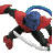 Pixelated figure in red and blue costume with black accents, dynamic pose against gray background.