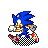 Pixelated blue hedgehog character in running motion with white gloves, red shoes, green eyes, and orange muzzle on checkered background.