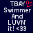 Pixelated text on dark blue background with red heart symbol replacing 'Y' in 'TBAY' on left side, static text on right side.
