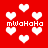 Red background with white pixelated hearts and repeated text 'mwaHaHa' in a retro digital style.