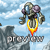Pixel art of a robotic figure with purple shoulder pads and blue chest lens, hovering above rocky cliffs against a cloudy sky background.