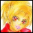 Pixelated anime-style character with blonde hair and red clothing against a black background with text.