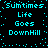 Pixelated cyan text on black background repeats 'Sumtimes Life Goes DownHill' in two with scattered dots