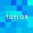 Four identical pixelated text instances of 'taylor' arranged in a on a blue gradient background with varying cyan and dark blue squares