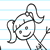 Pixelated cartoon character with large eyes and a wide smile, wearing a hat, holding an object in one hand against light blue striped background.