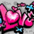 Animated pink graffiti-style hearts with blue accents and a small star, set against a gray background.