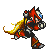 Pixel art character in red and silver armor with yellow flowing hair, shown in multiple running poses against a gray background.