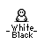 Pixel art character with white face and body, seated pose, two black eyes; three variations show different clothing colors on a gray background.