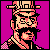 Pixel art icon of a character with dark hair and mustache wearing a hat, checkered shirt, and black jacket against purple background.