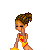 Pixel art image with yellow background displaying orange text and two small character icons at top left.