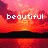 Pixelated sunset scene with orange and pink sky, black horizon line, and reflection in water, overlaid with white text reading 'beautiful' in lowercase.