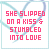 Animated contact sheet of 25 frames showing a heart-shaped icon with pink text "SHE SLIPPED ON A KISS & STUMBLED INTO LOVE" over light blue outlines, displaying subtle color variations across frames.