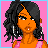 Pixel art contact sheet showing two frames of an animated AIM buddy icon featuring a cartoon woman with orange skin, black curly hair, and pink-and-black clothing against a bright pink background.