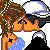 Animated contact sheet of a 3x3 grid showing sequential frames from an AOL Instant Messenger buddy icon featuring cartoon couples kissing with changing text overlays.