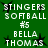 Green background with white text reading "STINGERS SOFTBALL #5 BELLA THOMAS" and black star shapes, displayed in a
