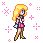 Pixel art character with blonde hair and blue eyes, wearing a pink-and-black outfit against gray background with pink starbursts.